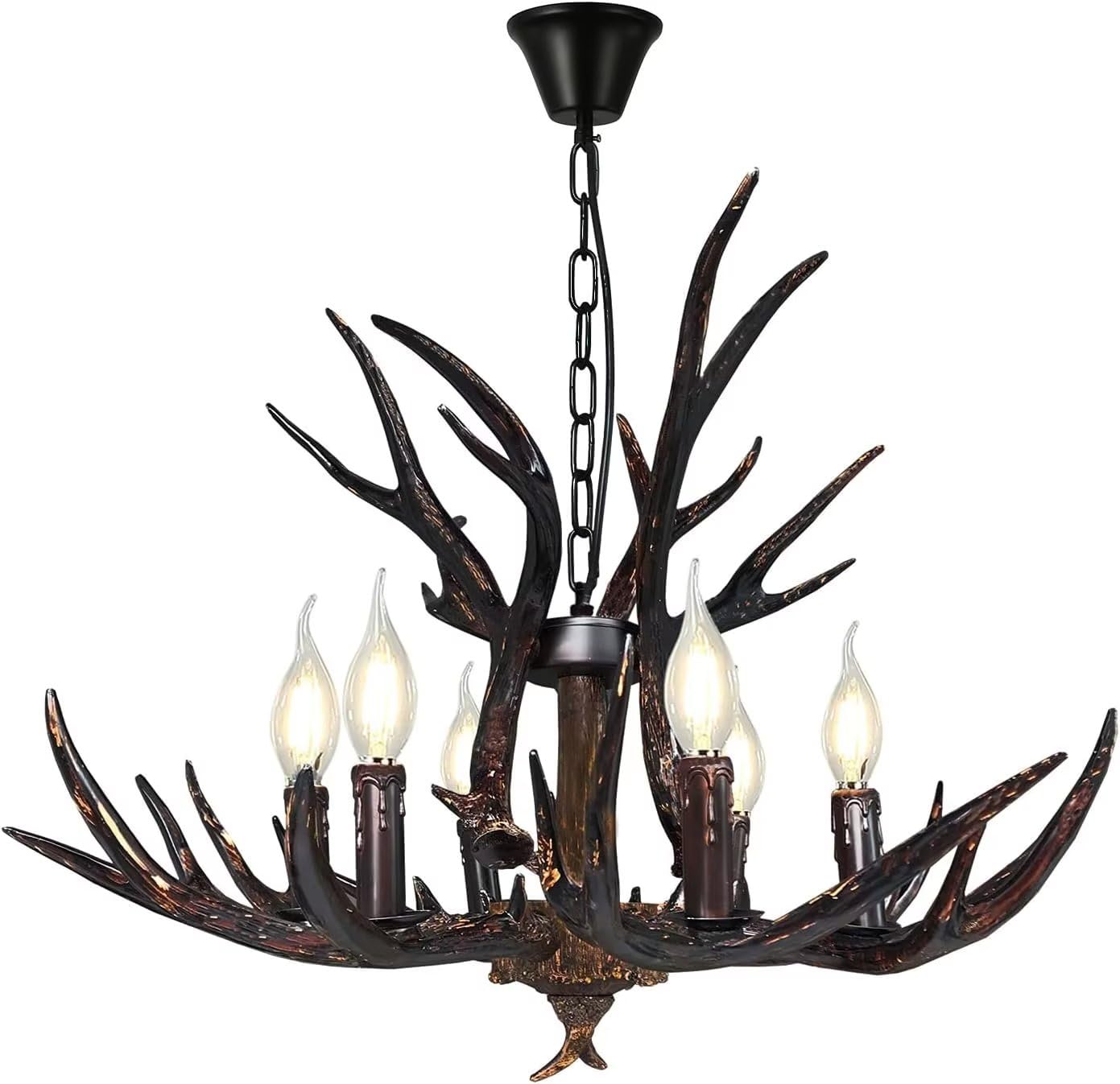 Rustykalny żyrandol z poroża, dekoracyjne oświetlenie domu z poroża, lampa z poroża, gwint E12, 6, żyrandol w stylu vintage, amerykański, odpowiedni do kawiarni, salonów, sklepów odzieżowych