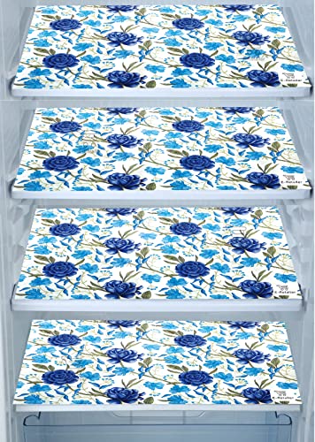 Image of Polyester 3-Layered Fridge Top Cover /Refrigerator Cover With Utility Pockets and Set of 4 Pc. Fridge Mats (Color-Blue, Size -39x21 Inches)