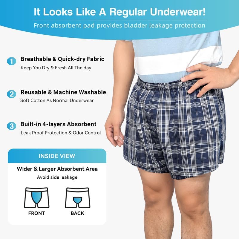 incontinence underwear for men washable 2 pack mens leakproof underwear with front fly for bladder leakage protection instant absorbency mens incontinence boxers (medium, dark blue plaid) dark bue-2pcs medium