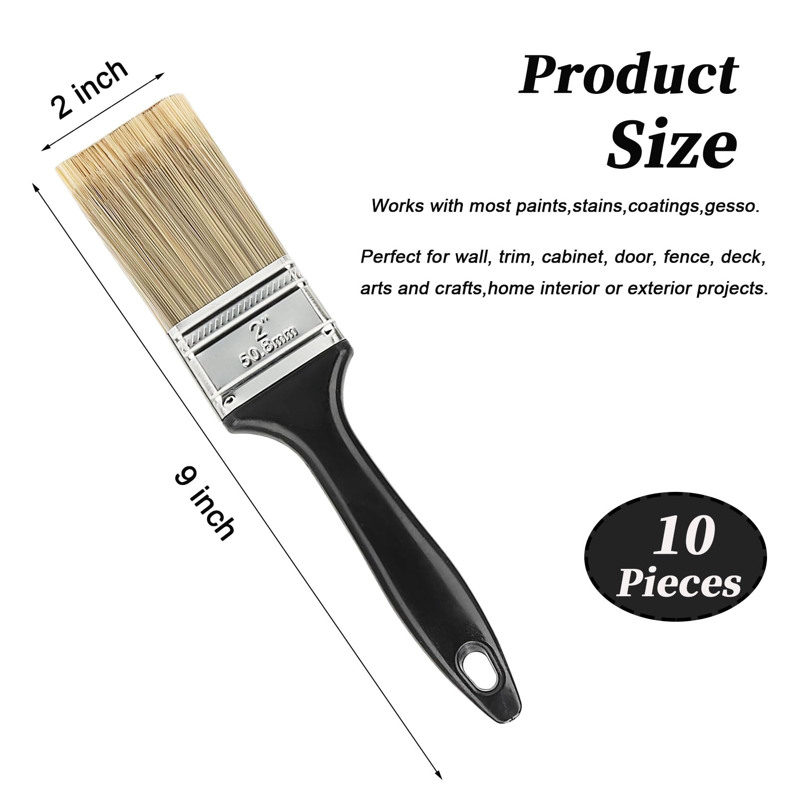 Brocha de pintura de 5 cm, pinceles de pintura para manchas, herramienta plana con mango de plástico tratado para pintar, colorear y manualidades (10 piezas)