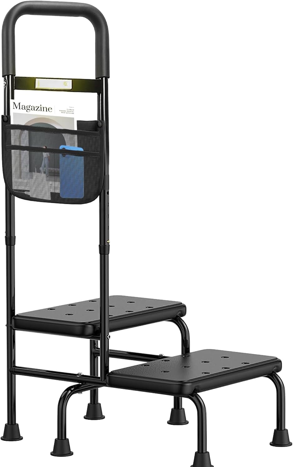 Step Stool with Handle – 2 Step Foot Stool for Adults, Non-Skid Bed Steps for High Beds, Adjustable Handrail with Night Light & Storage Bag, Safe Step Stool for Seniors & Elderly 2 Step Stool with Handle