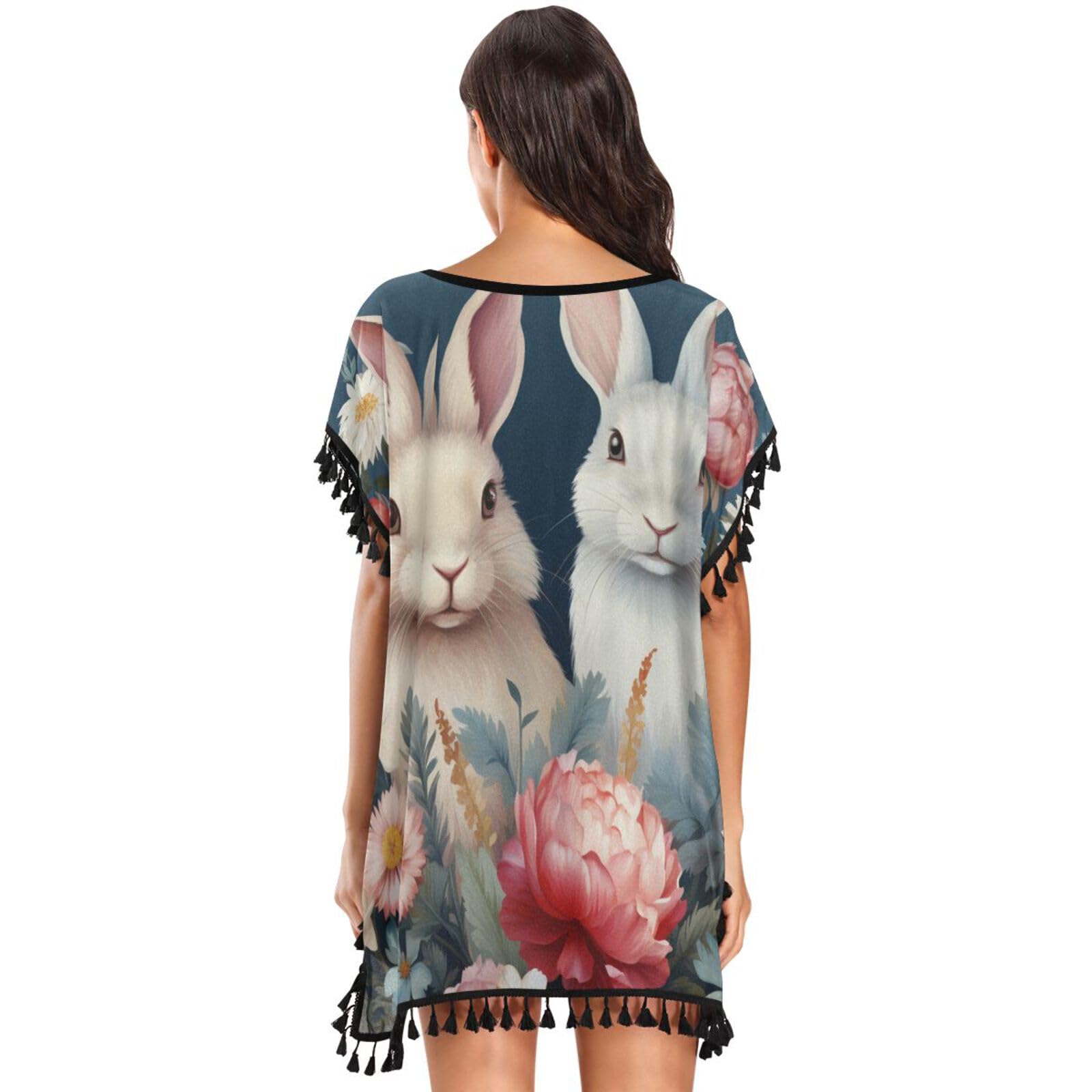 KAAVIYO Cute Rabbite Flower Women's Beach Cover Up Chiffon Tassel Swimwear Swimsuit Coverups for Girl