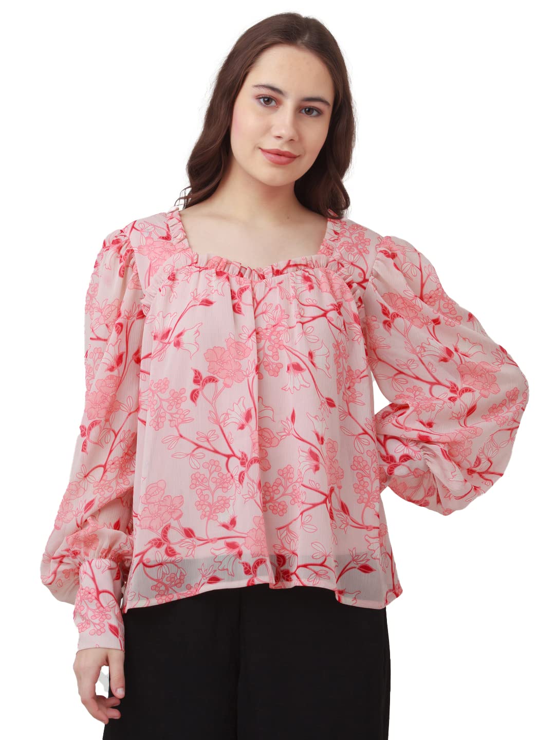 zink london Women's Pink Floral Print Gathered Top-picture-12