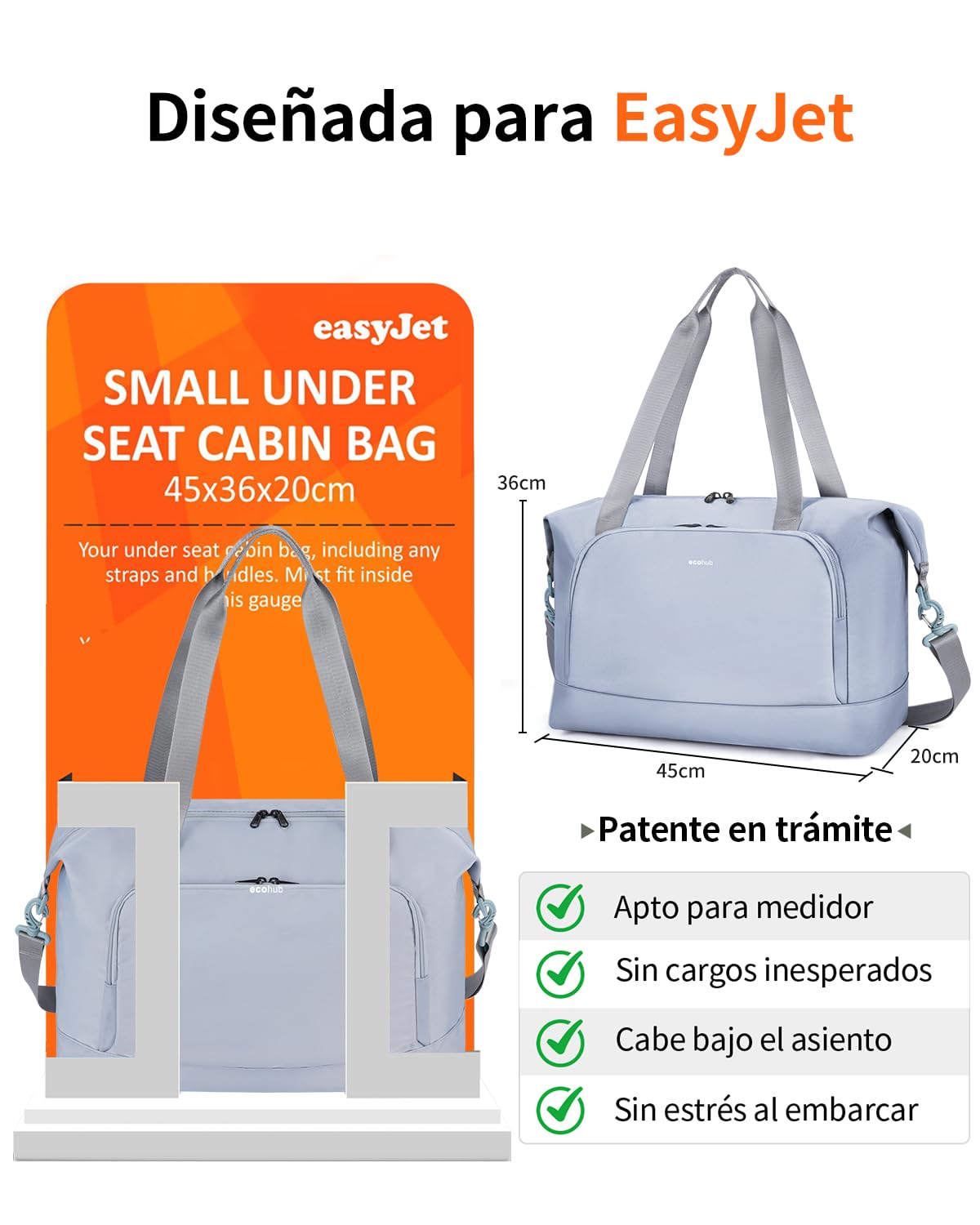 ECOHUB Bolsa de Viaje Plegable, Equipaje de Mano Ligera y Resistente al Agua para el Fin de Semana, Bolsa Viaje con Reciclada Bolsillo Húmedo Extraíble para Mujer y Hombre, 30L-Gris