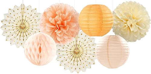 Miniatura 4 de Decoraciones de fiesta de otoño de melocotón beige y naranja, 14 faroles de papel, 14 piezas de otoño de cosecha de Acción de Gracias, cumpleaños