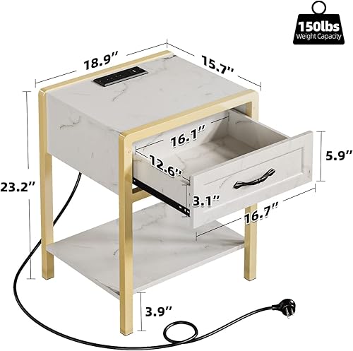 Miniatura 2 de IDEALHOUSE Mesa auxiliar moderna, mesita de noche de ratán con estación de carga, mesita de noche con cajón, mesa auxiliar moderna con estante de