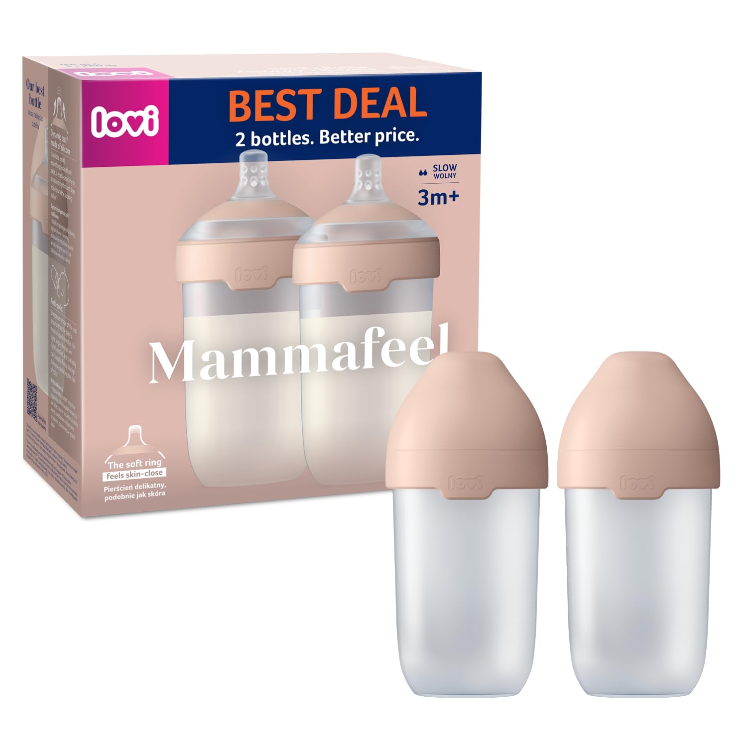 LOVI Mammafeel Biberon pour bébé, avec tétine, adapté à l'allaitement, anti-colique, sans BPA, 2 x 250 ml