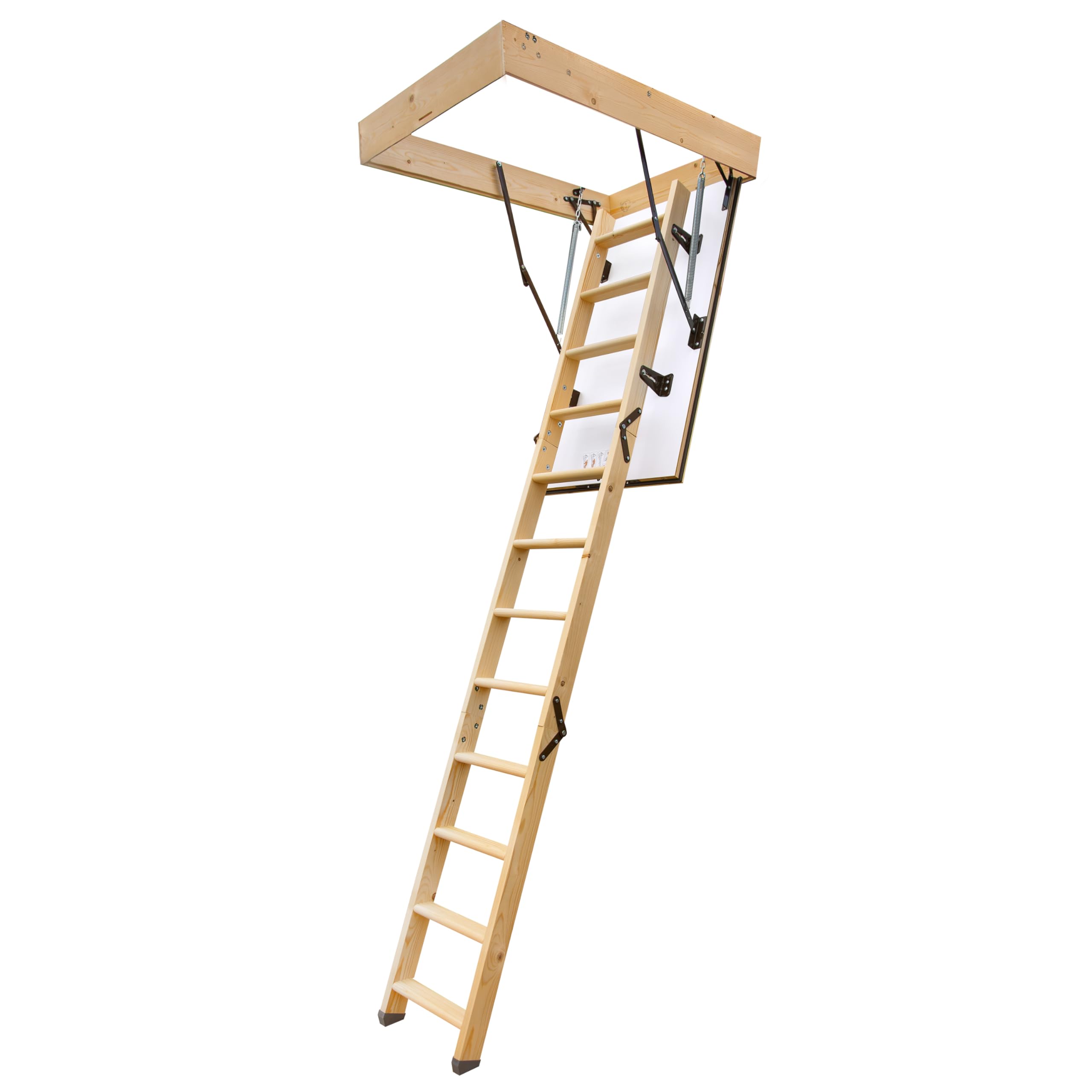 Bodentreppe Gedämmt 110 x 60 cm - Dachbodentreppe aus Fichtenholz U-Wert 1,05 - Raumspartreppe Innen mit Beidseitig Weißer Klappe - Bodenluke mit Treppe bis zu 150 kg Traglast