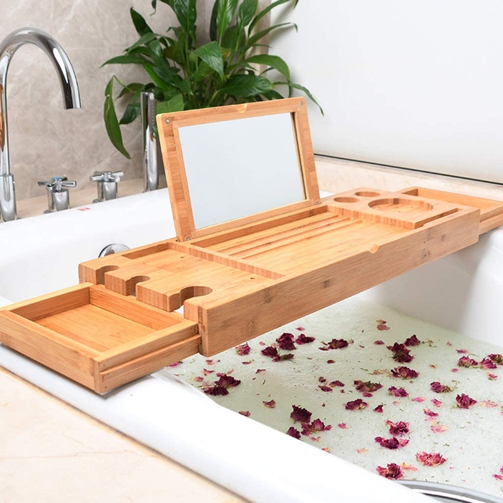 Bandeja de baño Bandeja de baño de madera extensible con espejo - Bandeja de baño ajustable Organizador de estante para bañera Mesa de baño para libro Teléfono Tablet Vela Soporte para copa de vino -