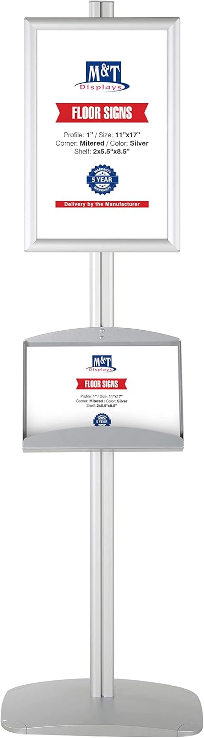 M&T Displays Free Standing Aluminum Display Stand Single Sided Brochure Sign Holder Front Loading Portrait Landscape Silver Snap Frame 1x(11x17) and Metal Tray Shelf 2x(5.5x8.5) Inch Capacity