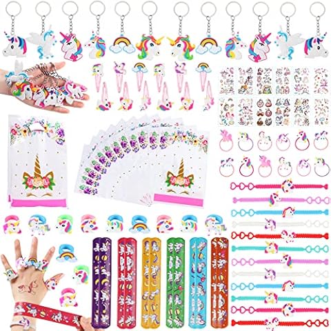 96 PCs Unicorn Party Bag Fillers for Girls Unicorn Party Bags Keyring Bracelets Slap Bands Ring Hair Clips Hair Ties Tattoos Unicorn Party Favours for Kids Cover