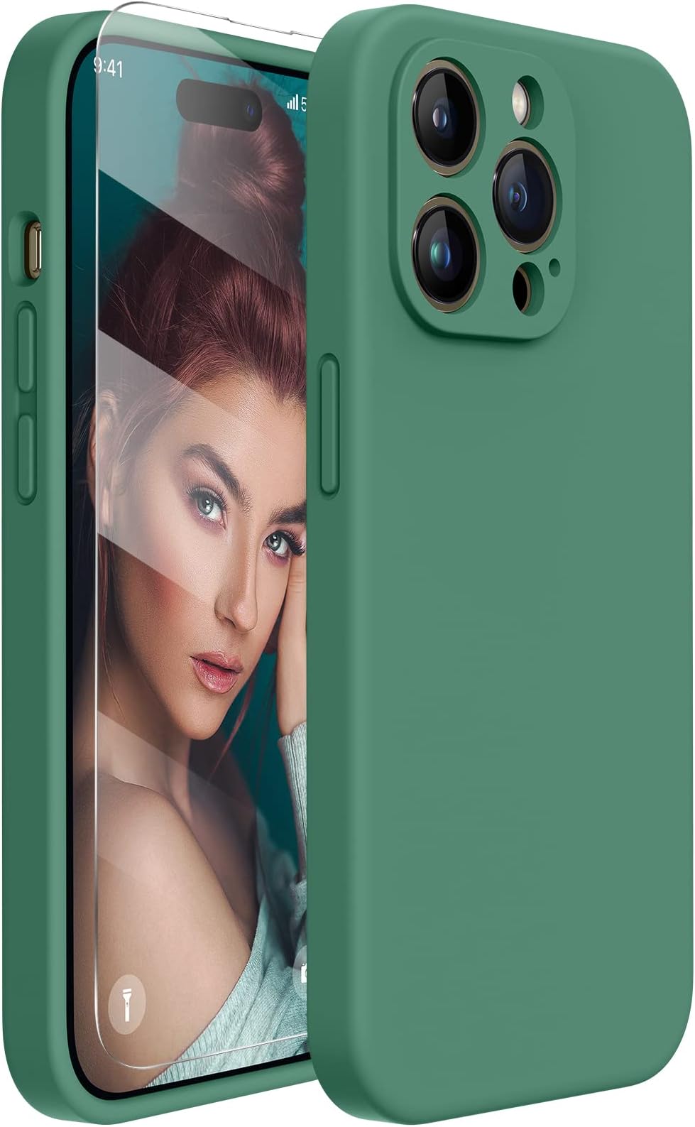 Miracase Designed for iPhone 14 Pro Case with Screen Protector, [Upgraded Camera Protection], Shockproof Liquid Silicone Rubber Phone Case Cover for 14 Pro 6.1 inch (Alpine Green)