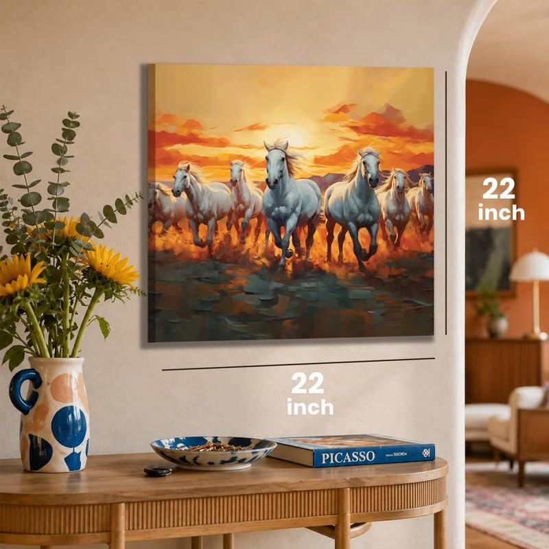 Image of PAINTINGMANTRA 7 Running Horses Vastu Stretched Canvas Painting For Living Room Seven White Horses Wall Art Painting Symbol of Success, Growth & Positive Energy Wall Art for Home & Office, 22x22 Inch