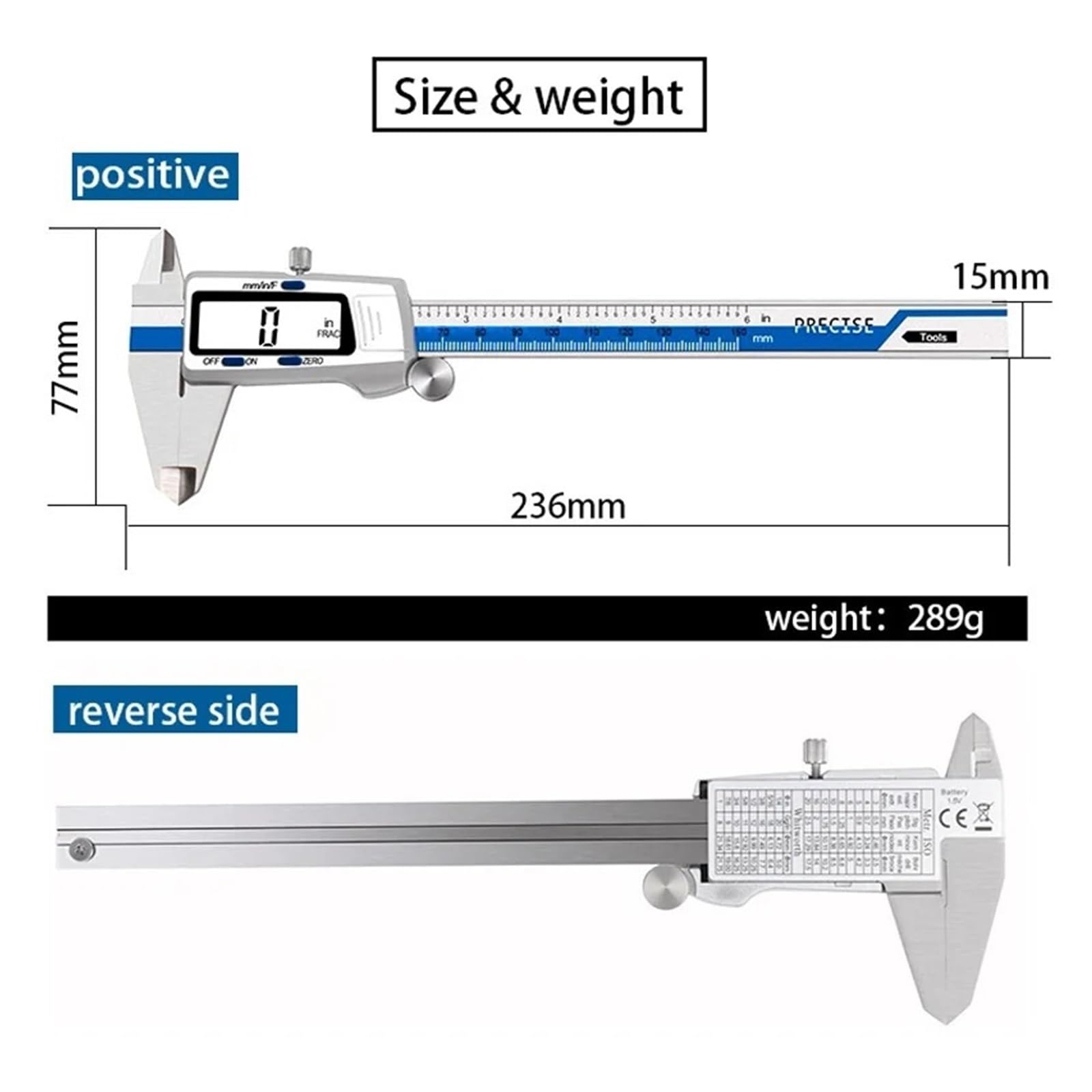Calibrador digital de 150 mm y 6 pulgadas Calibrador de acero inoxidable Pantalla electrónica Vernier de fracción/mm/pulgadas