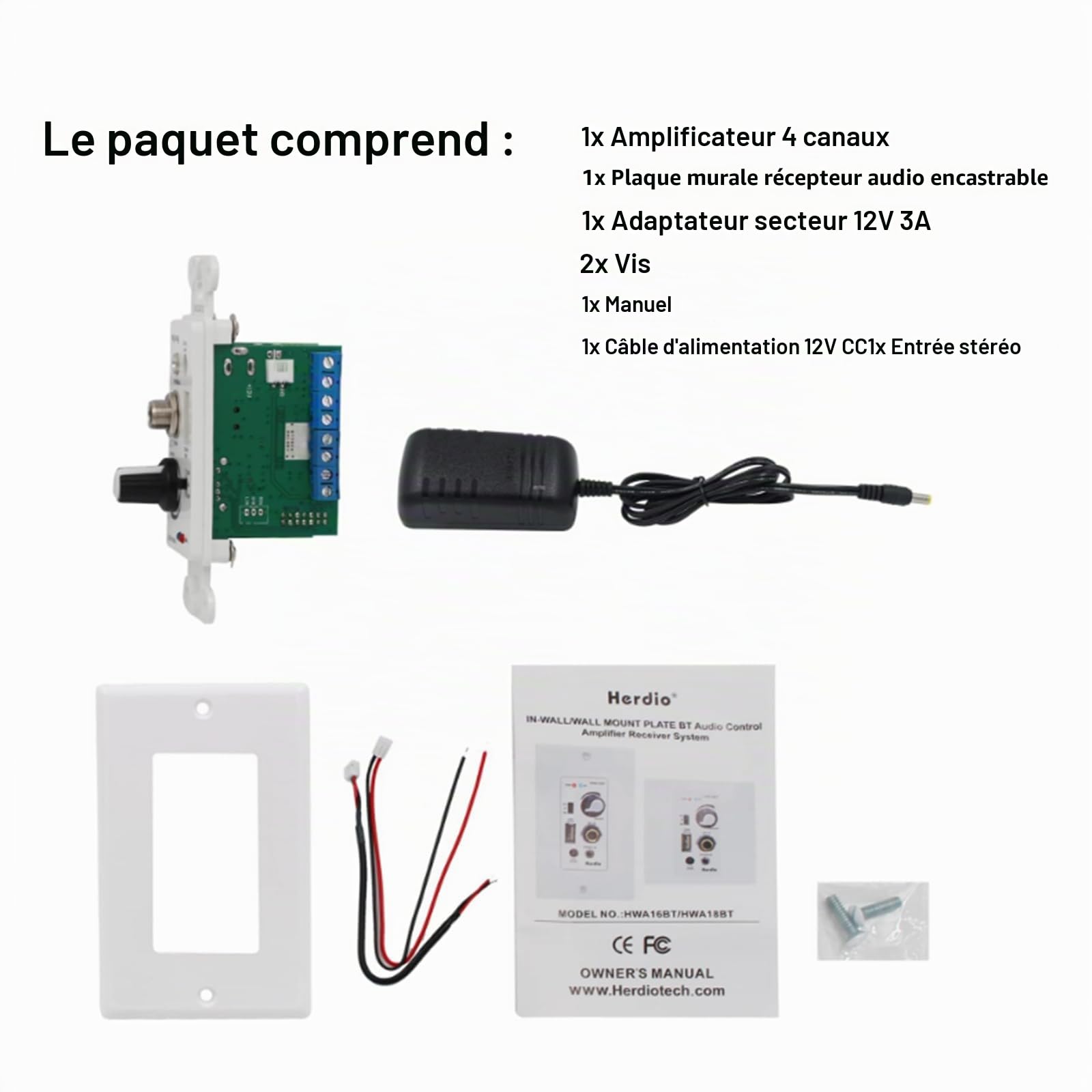Herdio Bluetooth Wall Amplifier 4 Channels Volume Control Wall Plate USB/MIC/AUX(3.5mm) Inputs Connect 4 Speakers with 12V 3A Power Supply,HWA-16BT-4CH