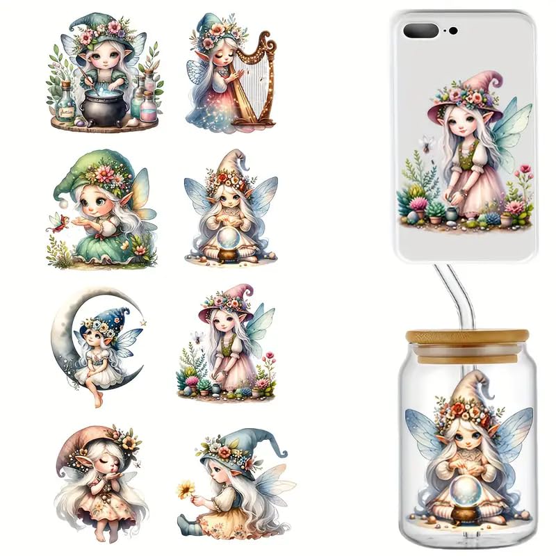 8pcs Christmas Gnome Fairy Series UV DTF Cup Wraps Winter UV DTF Transfer Sticker for Glass Cups Furniture Craft DIY Crafts，Rub on Transfer Stickers