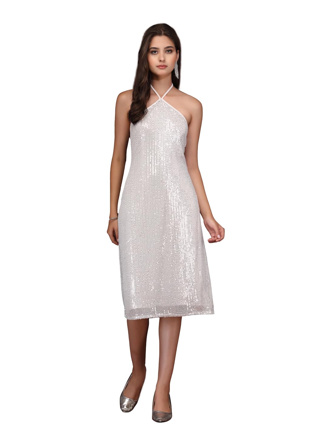 Women's White Sequin Halter Neck Midi Dress, Sleeveless, Wear, Embellished-image-44