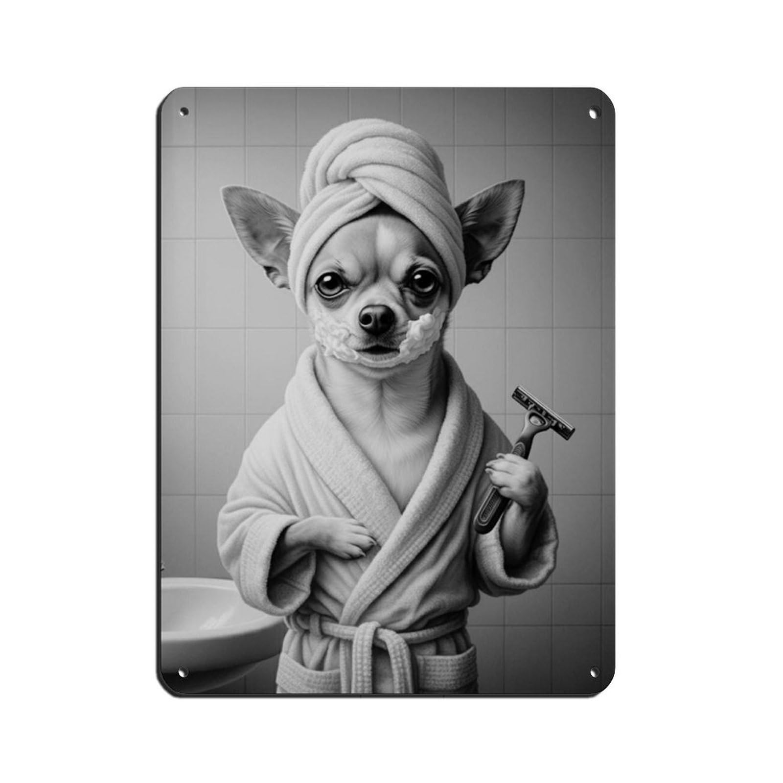 Chihuahua Bathroom Art, Dog Shaving with Razor Retro Poster Metal Tin Sign Chic Art Retro Iron Painting Bar People Cave Cafe Family Garage Poster Wall Decoration 12x16inch(30x40cm)