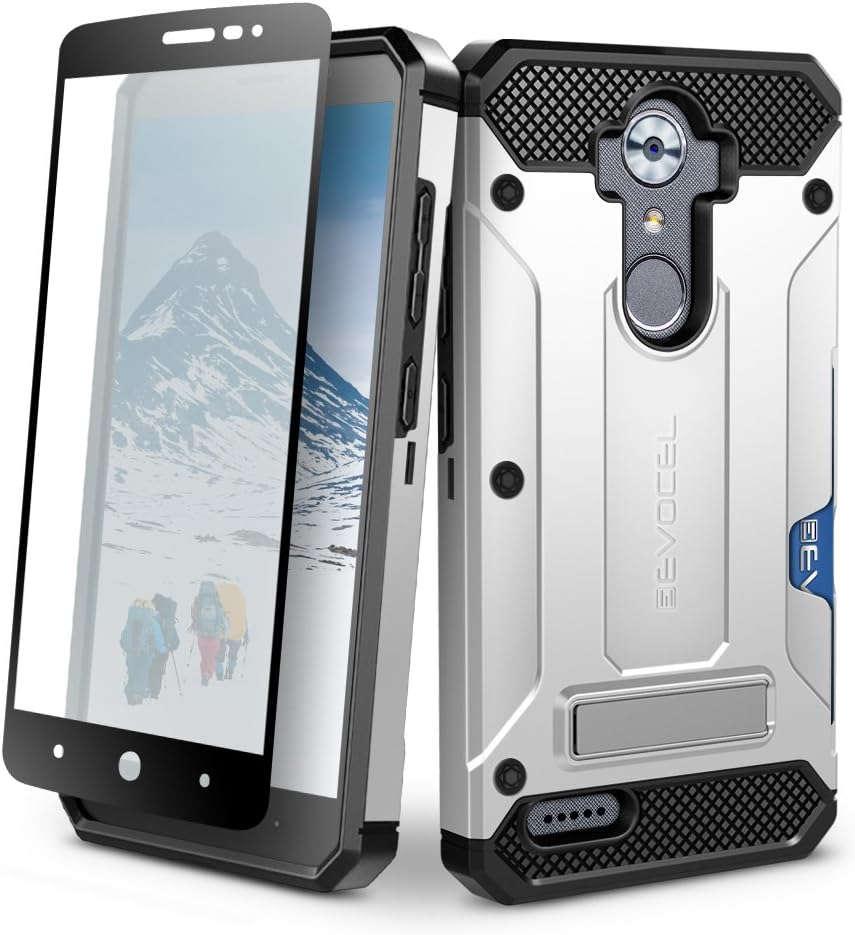 ZTE MAX XL Case, Evocel [Explorer Series Pro] Dual Layer Credit Card Case with Glass Screen Protector & Magnetic Kickstand for ZTE Blade Max 3/ ZTE Blue Max/ZTE N9560/ ZTE Z986/ ZTE N986, Silver