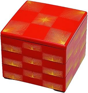 J-kitchens 重箱 3段 7寸 彩 お重箱 朱 松葉市松 21.0cm x 21.0cm x 16.5cm 日本製