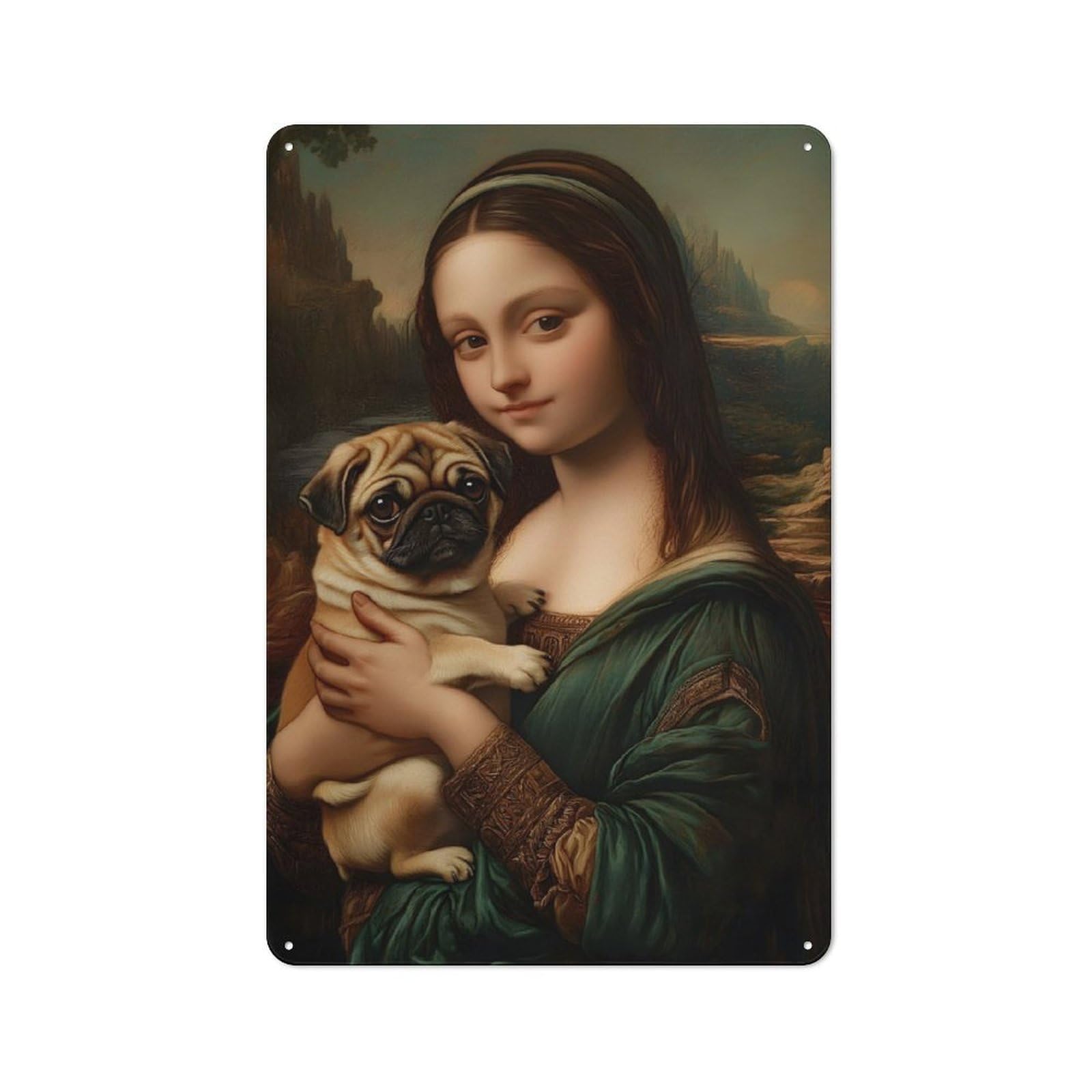Junmoney Mona Lisa With Pug Rustic Metal Wall Sign 30X20cm For Hobby Room Or Studio, For Vintage Wall Decor Fans, For Themed Room Decoration