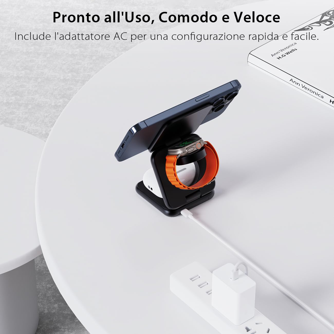 KU XIU X40 Caricatore Wireless Magnetico, Stazione di Ricarica Pieghevole 3-in-1 per iPhone 16/15/14/13/12, 5W per Apple Watch 10/9/Ultra/SE/8/7/6/5/4 - Nero