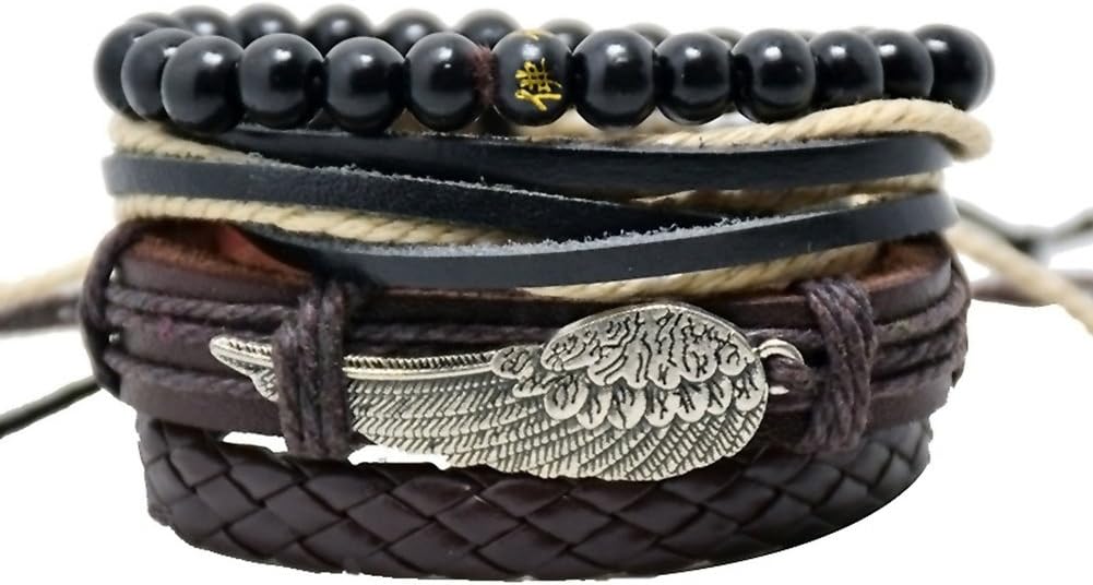 SENDIO Fashion Leather Bracelet Set Angel Wings Wood Beads Rope Bracelets Accessories