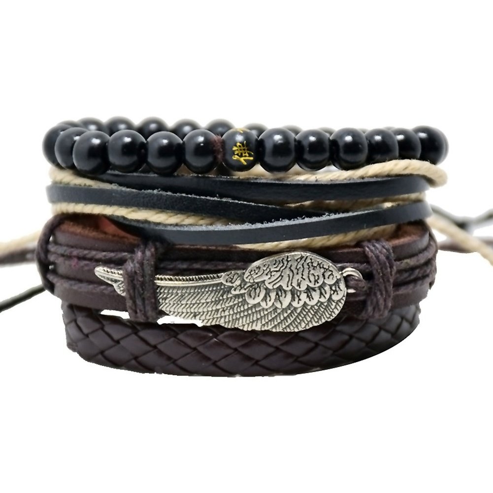 SENDIO Fashion Leather Bracelet Set Angel Wings Wood Beads Rope Bracelets Accessories