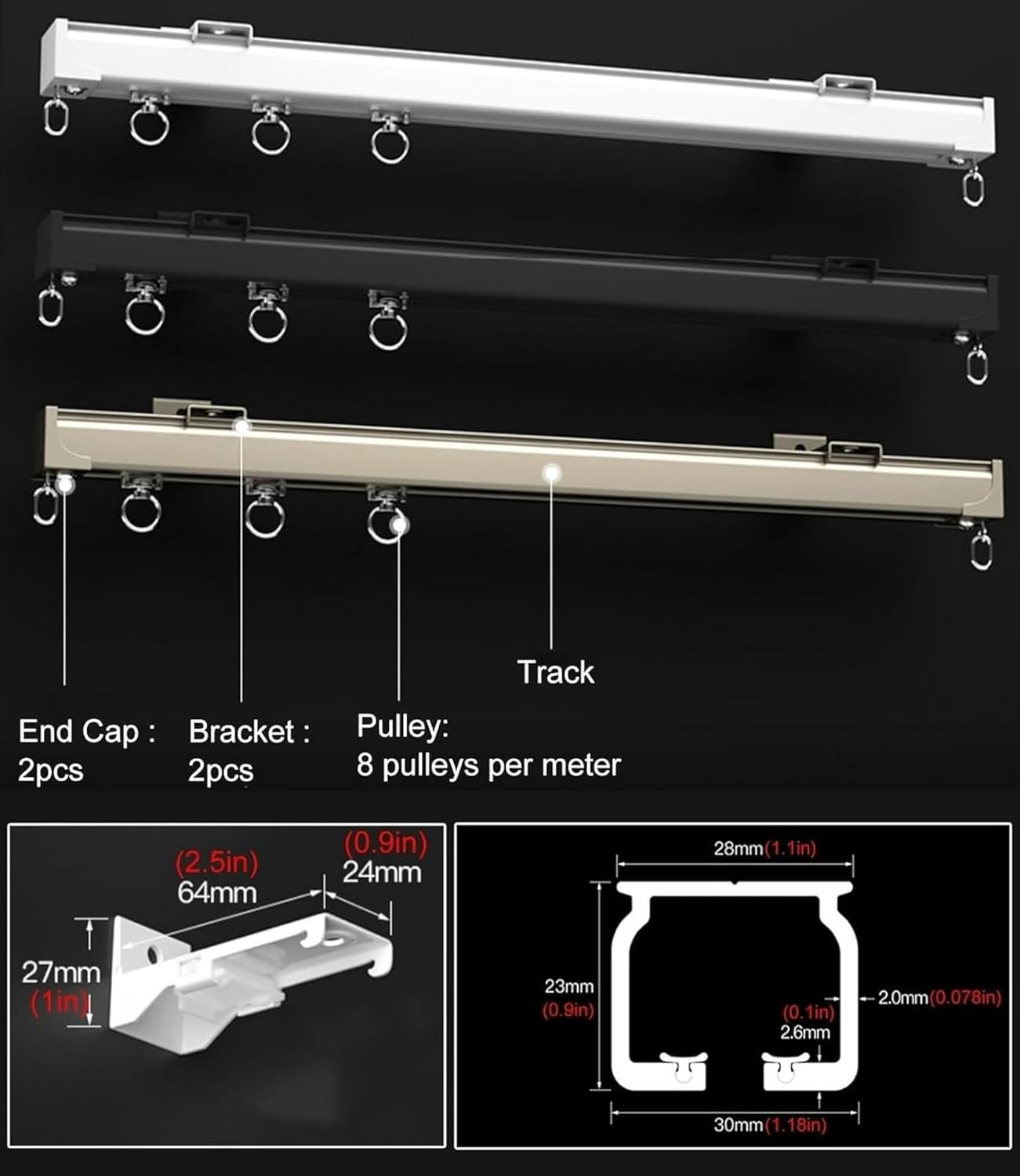 2mm Thick Wall Mount Curtains Rail Track Room Divider Curtain Rod, Metal Straight Heavy Duty Sliding Curtain Track System With Complete Kits, 8 10 12 15 16 20 23 26 29 32 36 39 40 Feet Long