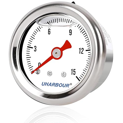 Miniatura 72 de Medidor de presión relleno de glicerina con caja de acero inoxidable 304, tamaño de dial de 1-1/2", 0-15Psi/barra, alta precisión, montaje trasero