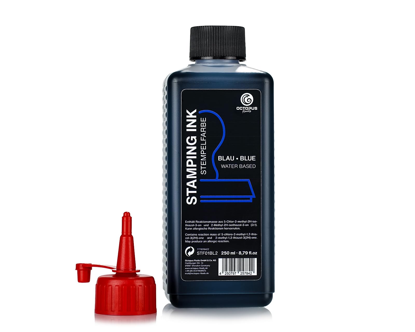 Octopus Fluids tinta para sellos, tinta rellenable para impregnar sellos y máquinas automáticas, tinta para sellos de 250ml, azul sin aceite