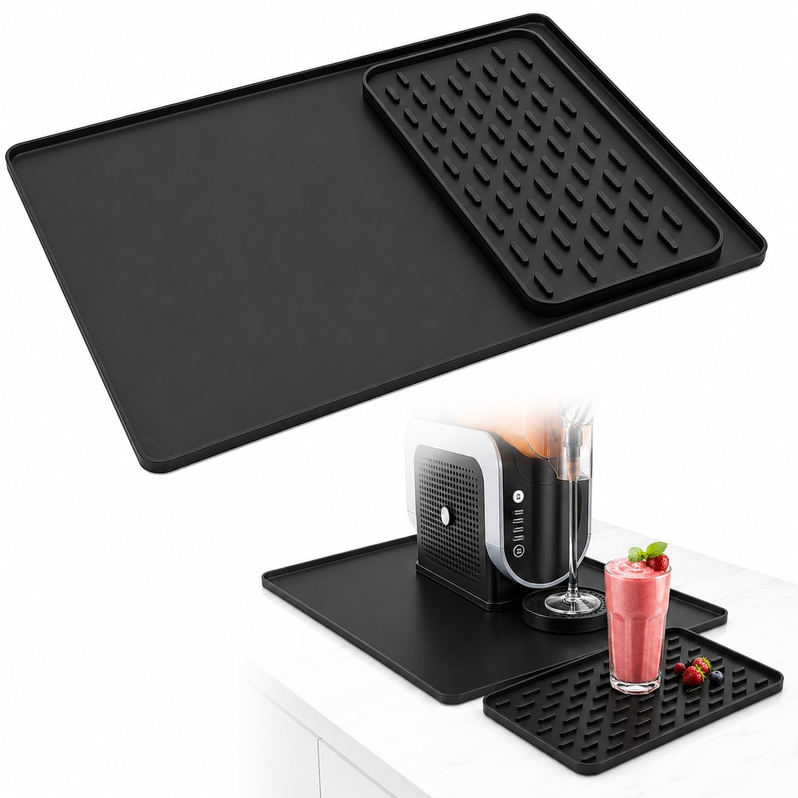 2-in-1 Silikonmatte für Ninja CREAMi & SLUSHi Zubehör, 60 x 40 cm mit Zusatzmatte – Arbeitsplattenmatte Unterlage mit erhöhtem 1 cm Rand, auslaufsicher, rutschfest & spülmaschinenfest