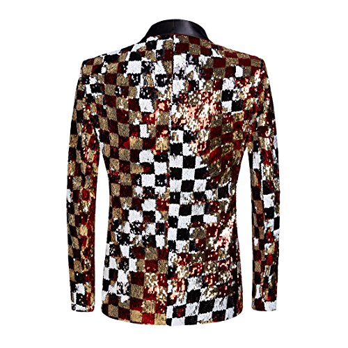 Mens Fashion Double-Side Color Red Gold Black White Plaid Sequins Blazer Suit Jacket2