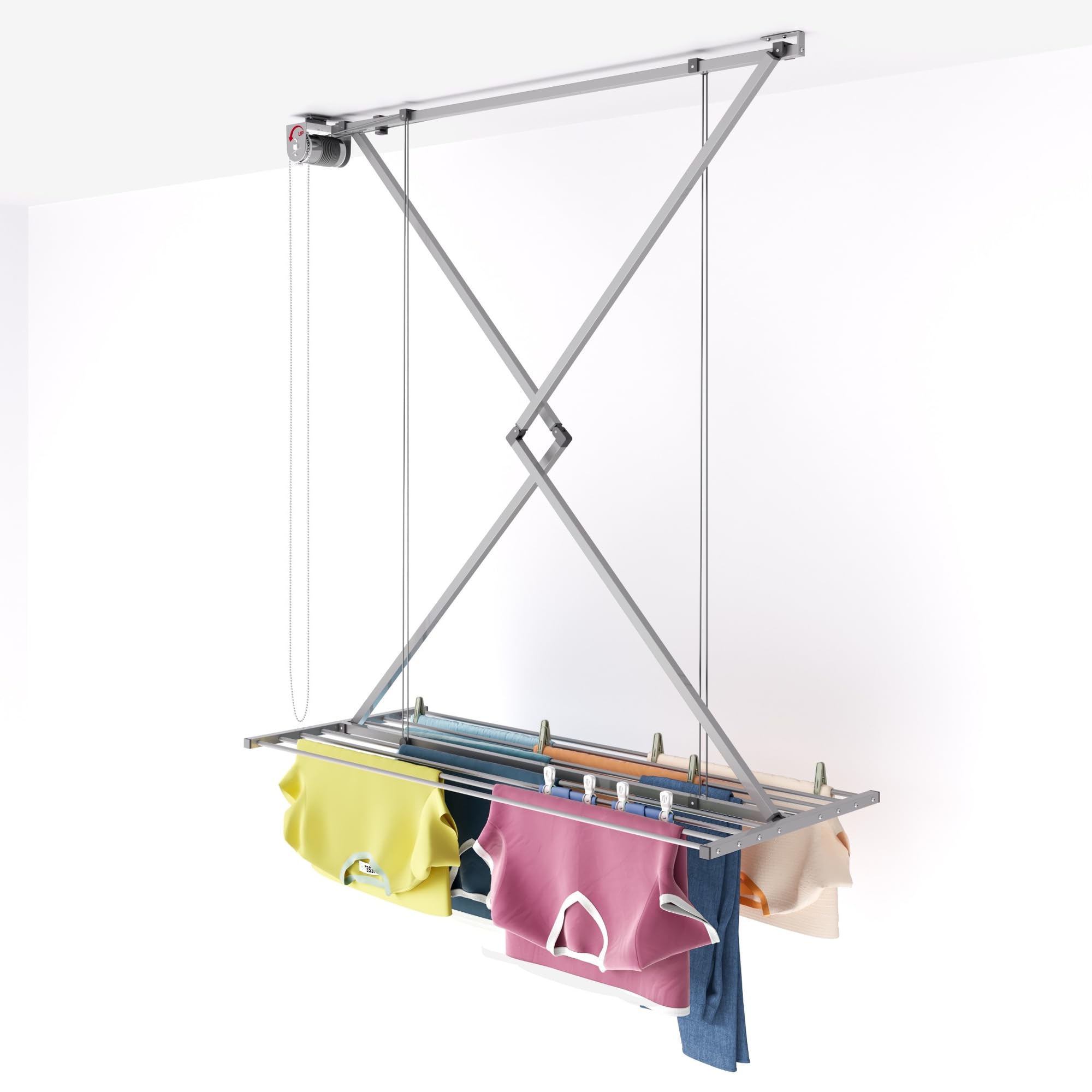 Foxydry Mini, klappbarer wäscheständer, deckenmontage, 128 cm | aus aluminium und edelstahl, platzsparend, für innen- und außenbereich, rostfrei, vertikales liftsystem, trägt 10 kg, grau
