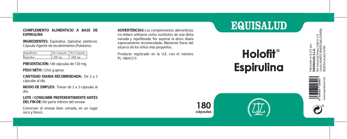 Holofit espirulina de Equisalud,180 cápsulas