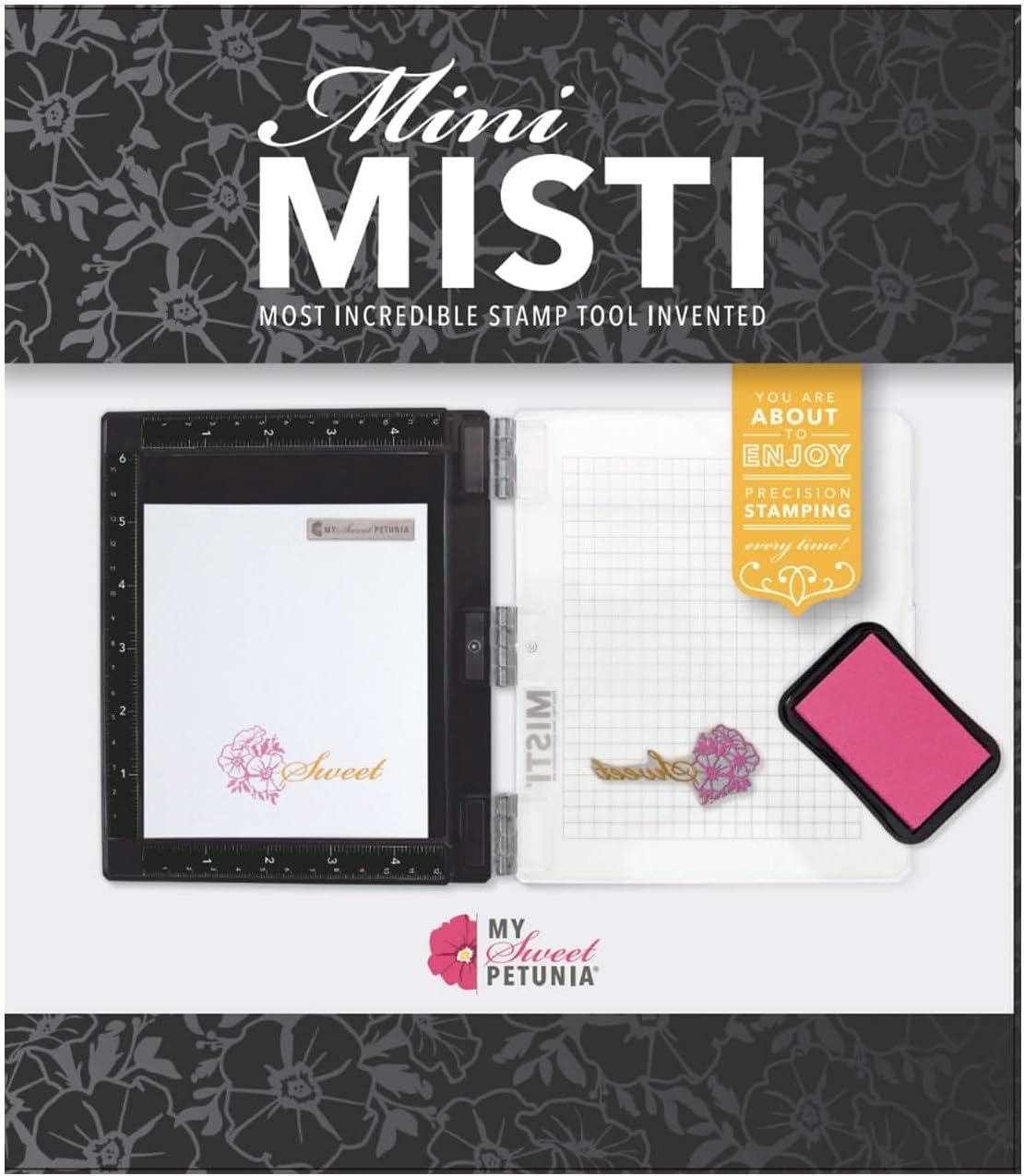 My Sweet Petunia Misti Stamp Positioning Tool – Black MINI – New Version with Foam Pad, Bar Magnet & Grid Paper – Precision Stamping Platform for Cardmaking & Scrapbooking