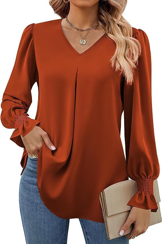 TANMESSO Blusa de manga larga con cuello en V para mujer, blusa de trabajo de gasa suelta para un aspecto casual y elegante, Color caramelo., L