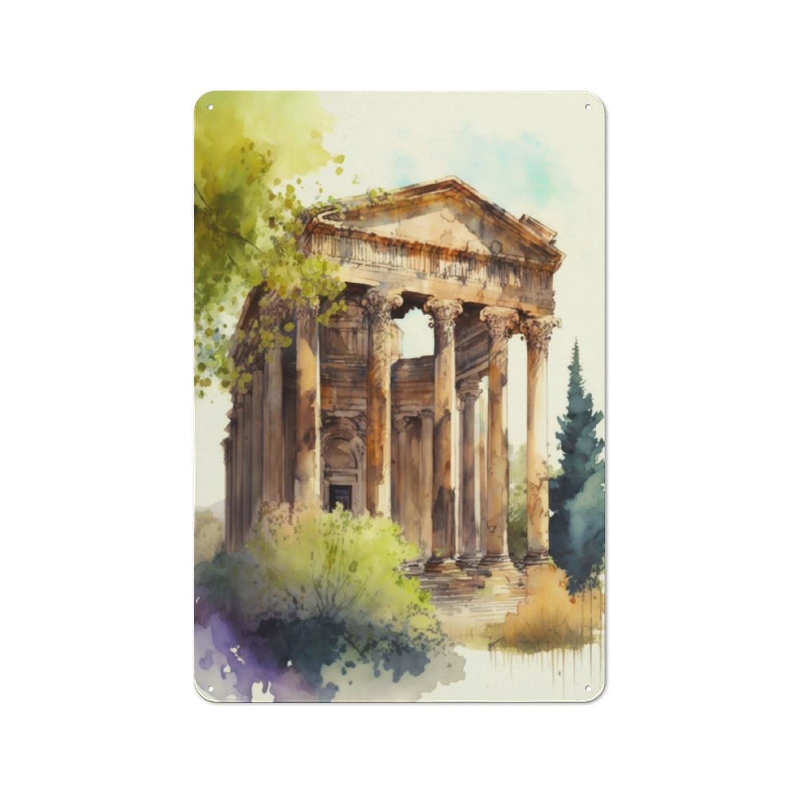 Junmoney Bacchus Temple Watercolor Workshop Style Metal Wall Decor 30X20cm, Decorative Metal Plaque For Garage, Workshop, Shed Or Utility Room