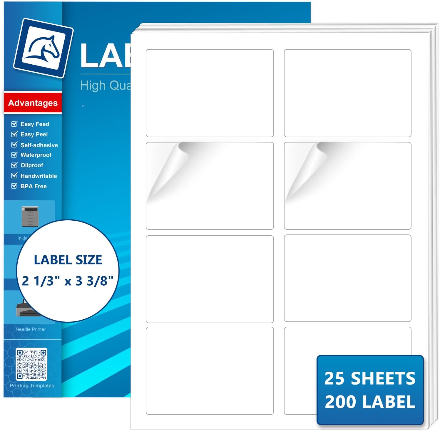 Shipping Address Labels 3 3/8" X 2 1/3" Square White Sticker Labels for Laser & Inkjet Printers,Adhesive Mailing Labels,Label Stickers Adhesive Label(25Sheets,200Labels)