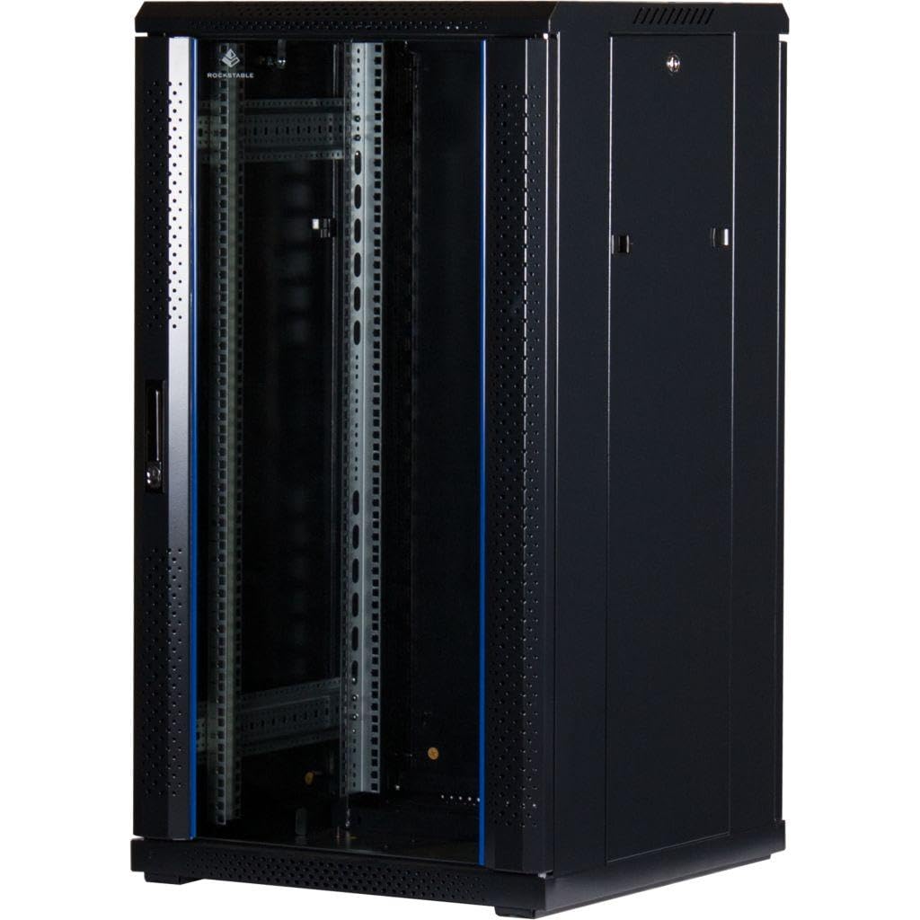 Rockstable 22HE 19 Zoll Serverschrank Netzwerkschrank (BxTxH) 600x600x1200mm mit Glastür - Türanschlag wechselbar - Türen und Seitenwände abnehmbar und verschließbar - Schwarz (RAL 9005)