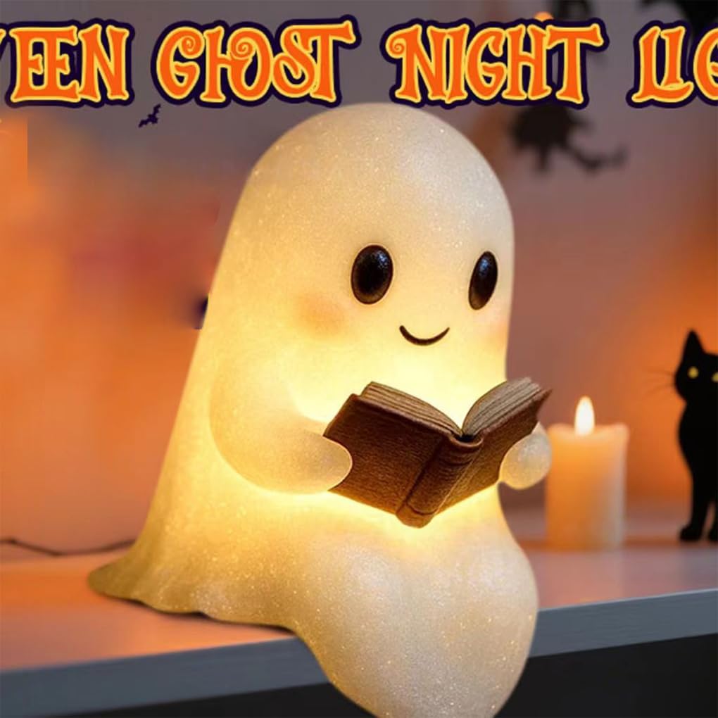 Gruselige Tischlampe Halloween LED Nachtlicht mit süßen Geistern Schlafzimmer Lesen süße Geister Leselampe Harz Schreibtischlicht, 15 * 11.5 * 21 cm