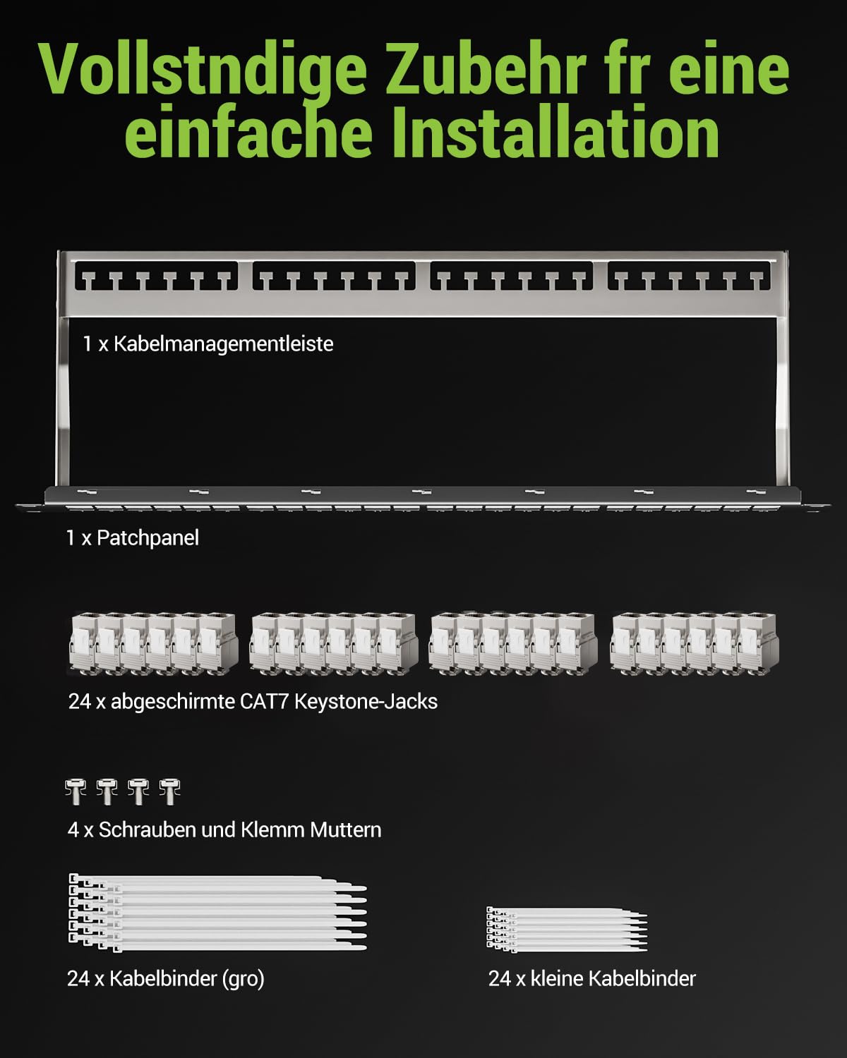 24 Port CAT7 Patchpanel mit 24 x Vergoldet Cat7 Keystone Module,10 Gbit/s 600MHz, Geschirmtes Keystone Patchpanel, 19 Zoll patchpanel mit EMI/RFI-Schutz und Kabelmanagement-Kit
