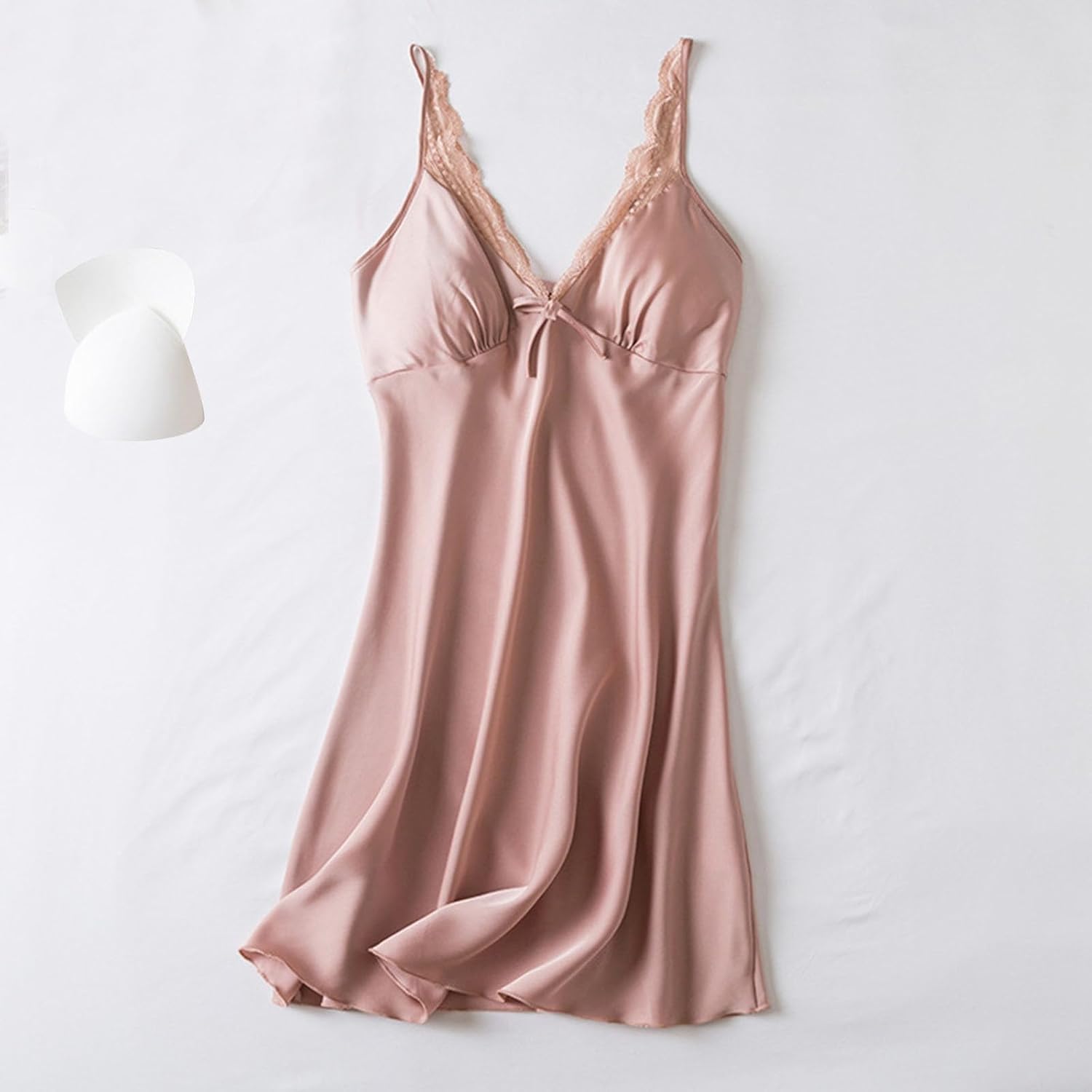 Oplxuo Women's Satin Nightgowns with Built in Bra Lace Trim Sleep Dress Sleeveless Silk Sleepwear Spaghetti Strap Nightdress
