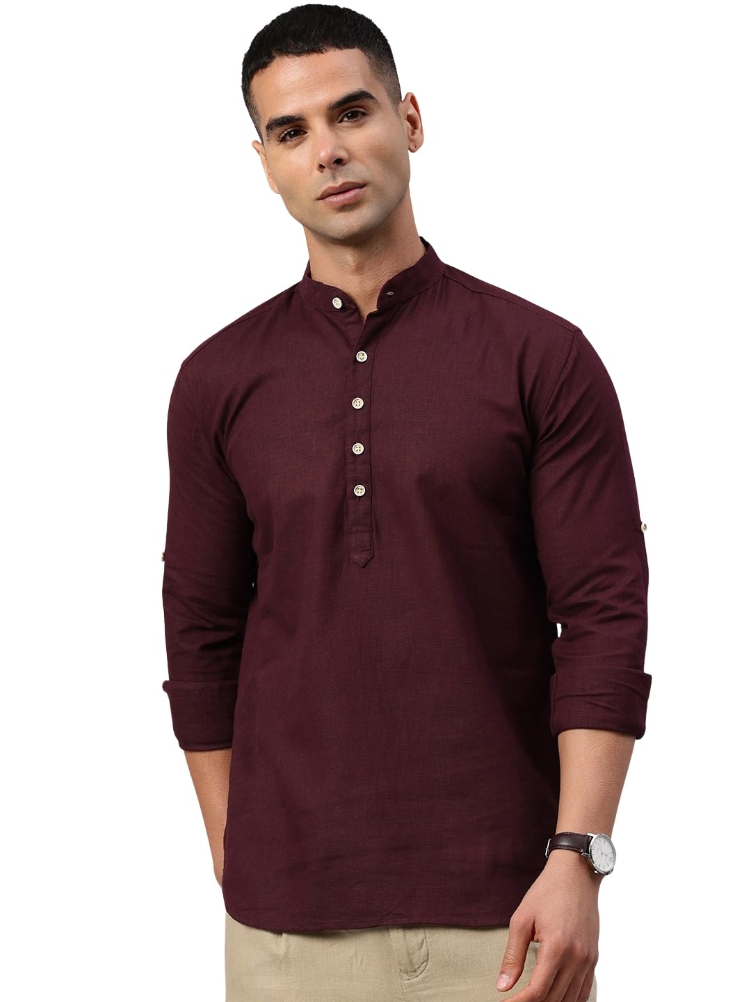 Majestic Man Men’s Pure Cotton Solid Mandarin Collar Slim Fit Roll-Up Sleeves Short Kurta Majestic Man Men’s Pure Cotton Solid Mandarin Collar Slim Fit Roll-Up Sleeves Short Kurta