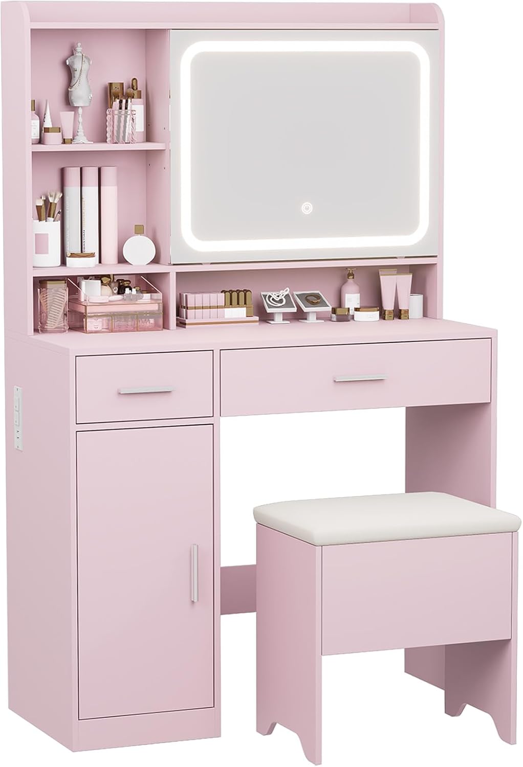 Vanity Desk with Sliding Mirror & Power Outlets - Dimmable LED Lighting, 4 Open Shelves, 2 Drawers, 1Storage Cabinet & Padded Stool - Ideal Bedroom Makeup Dressing Table （White）