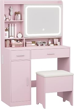 Vanity Desk with Sliding Mirror & Power Outlets - Dimmable LED Lighting, 4 Open Shelves, 2 Drawers, 1Storage Cabinet & Padded Stool - Ideal Bedroom Makeup Dressing Table Pink