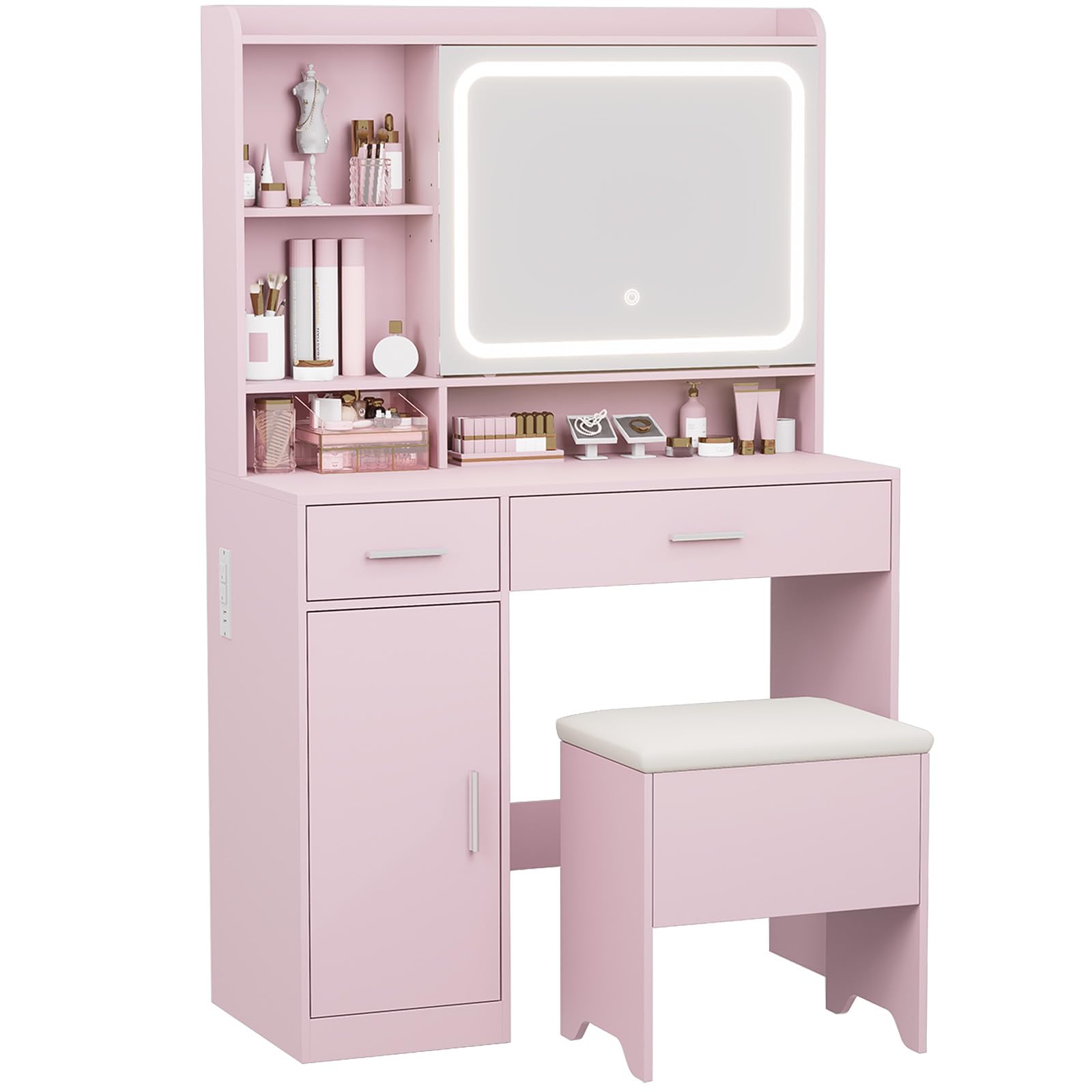 vanity desk with sliding mirror & power outlets - dimmable led lighting, 4 open shelves, 2 drawers, 1storage cabinet & padded stool - ideal bedroom makeup dressing table ?pink?