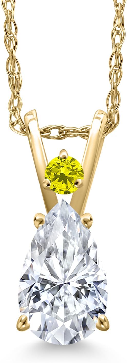 Gem Stone King 14K Yellow Gold White Moissanite and Canary Diamond Pendant Necklace for Women | 1.03 Cttw | Gemstone Birthstone | Pear Shape 8X5MM | With 18 Inch Chain