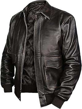 Men's Genuine Leather Bomber Jacket with Ribbed Cuffs, Air