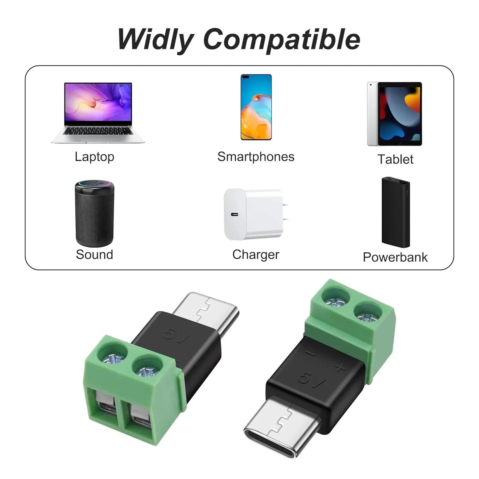USB C/Micro to 2 Pin Screw Terminal 5V Solderless Adapter for DIY Charging Cable Repair (4PCS, Micro-Male Charging)
